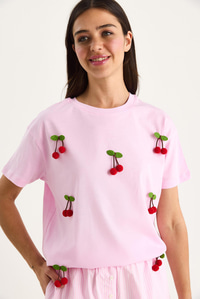 Kısa Kollu Kiraz Aksesuarlı T-Shirt 60602016 - Pembe