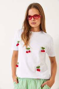 Kısa Kollu Kiraz Aksesuarlı T-Shirt 60602016 - Beyaz