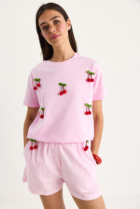 Kısa Kollu Kiraz Aksesuarlı T-Shirt 60602016 - Pembe
