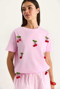 Kısa Kollu Kiraz Aksesuarlı T-Shirt 60602016 - Pembe