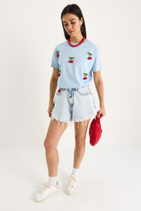 Kısa Kollu Kiraz Aksesuarlı T-Shirt 60602016 - Bebe Mavisi