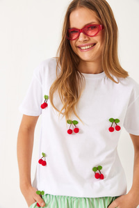 Kısa Kollu Kiraz Aksesuarlı T-Shirt 60602016 - Beyaz