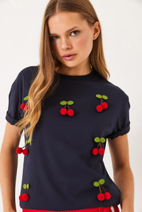 Kısa Kollu Kiraz Aksesuarlı T-Shirt 60602016 - Lacivert