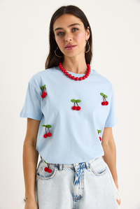 Kısa Kollu Kiraz Aksesuarlı T-Shirt 60602016 - Bebe Mavisi