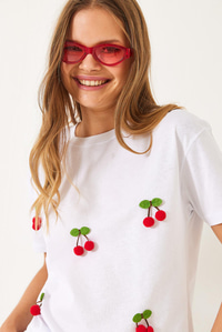 Kısa Kollu Kiraz Aksesuarlı T-Shirt 60602016 - Beyaz