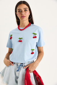 Kısa Kollu Kiraz Aksesuarlı T-Shirt 60602016 - Bebe Mavisi