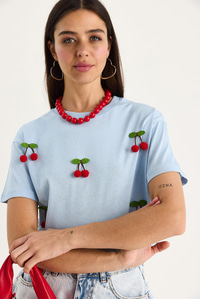 Kısa Kollu Kiraz Aksesuarlı T-Shirt 60602016 - Bebe Mavisi