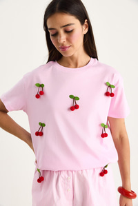 Kısa Kollu Kiraz Aksesuarlı T-Shirt 60602016 - Pembe