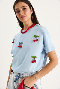 Kısa Kollu Kiraz Aksesuarlı T-Shirt 60602016 - Bebe Mavisi