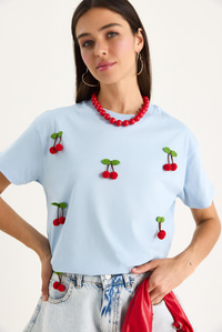Kısa Kollu Kiraz Aksesuarlı T-Shirt 60602016 - Bebe Mavisi