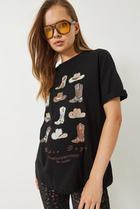 Kısa Kollu Kovboy Baskılı T-Shirt 60602012 - Siyah