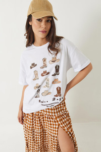 Kısa Kollu Kovboy Baskılı T-Shirt 60602012 - Beyaz