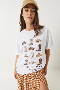 Kısa Kollu Kovboy Baskılı T-Shirt 60602012 - Beyaz