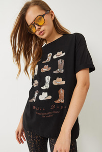 Kısa Kollu Kovboy Baskılı T-Shirt 60602012 - Siyah