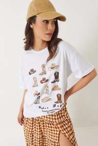 Kısa Kollu Kovboy Baskılı T-Shirt 60602012 - Beyaz