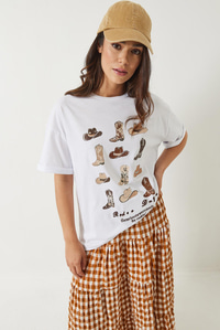 Kısa Kollu Kovboy Baskılı T-Shirt 60602012 - Beyaz