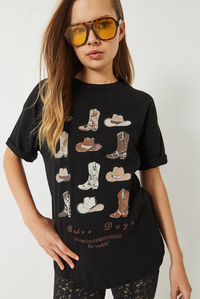 Kısa Kollu Kovboy Baskılı T-Shirt 60602012 - Siyah