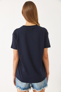Kısa Kollu Renkli Kalp Baskılı Basic T-Shirt 60602017 - Lacivert