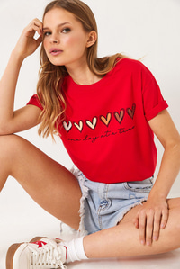 Kısa Kollu Renkli Kalp Baskılı Basic T-Shirt 60602017 - Kırmızı