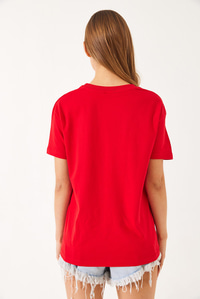 Kısa Kollu Renkli Kalp Baskılı Basic T-Shirt 60602017 - Kırmızı
