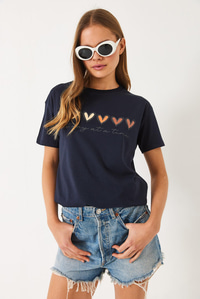 Kısa Kollu Renkli Kalp Baskılı Basic T-Shirt 60602017 - Lacivert