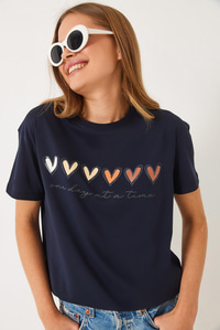 Kısa Kollu Renkli Kalp Baskılı Basic T-Shirt 60602017 - Lacivert
