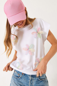 Kısa Kollu Renkli Tül Çiçek Aksesuarlı T-Shirt 60602015 - Beyaz