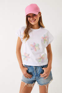 Kısa Kollu Renkli Tül Çiçek Aksesuarlı T-Shirt 60602015 - Beyaz
