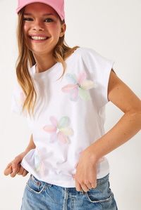 Kısa Kollu Renkli Tül Çiçek Aksesuarlı T-Shirt 60602015 - Beyaz