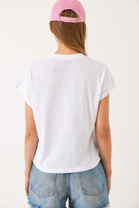 Kısa Kollu Renkli Tül Çiçek Aksesuarlı T-Shirt 60602015 - Beyaz