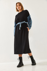 Kolları Denim Detaylı Elbise 8083 60351247 - Siyah