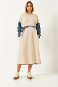 Kolları Denim Detaylı Elbise 8083 60351247 - Bej