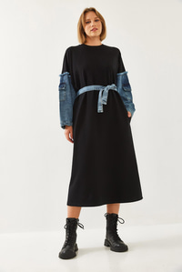 Kolları Denim Detaylı Elbise 8083 60351247 - Siyah