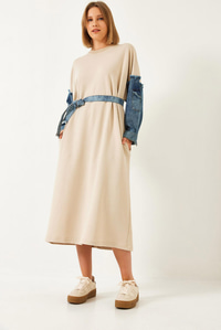 Kolları Denim Detaylı Elbise 8083 60351247 - Bej