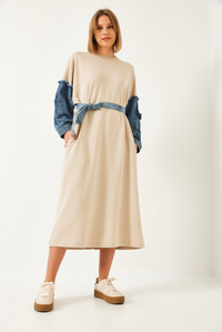 Kolları Denim Detaylı Elbise 8083 60351247 - Bej
