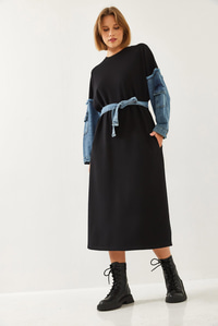 Kolları Denim Detaylı Elbise 8083 60351247 - Siyah
