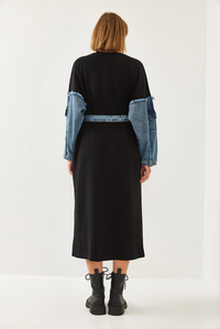 Kolları Denim Detaylı Elbise 8083 60351247 - Siyah
