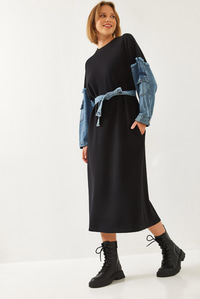 Kolları Denim Detaylı Elbise 8083 60351247 - Siyah
