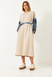 Kolları Denim Detaylı Elbise 8083 60351247 - Bej