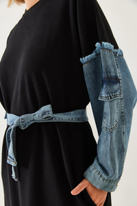 Kolları Denim Detaylı Elbise 8083 60351247 - Siyah
