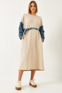 Kolları Denim Detaylı Elbise 8083 60351247 - Bej