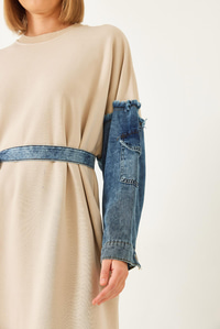 Kolları Denim Detaylı Elbise 8083 60351247 - Bej