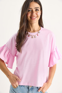 Kolları Fırfırlı Bisiklet Yaka Pamuklu T-Shirt 60602074 - Şeker Pembe