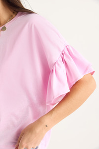 Kolları Fırfırlı Bisiklet Yaka Pamuklu T-Shirt 60602074 - Şeker Pembe