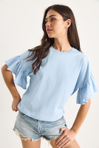 Kolları Fırfırlı Bisiklet Yaka Pamuklu T-Shirt 60602074 - Bebe Mavisi