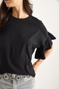 Kolları Fırfırlı Bisiklet Yaka Pamuklu T-Shirt 60602074 - Siyah