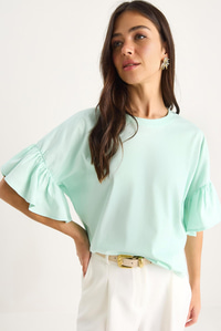 Kolları Fırfırlı Bisiklet Yaka Pamuklu T-Shirt 60602074 - Su Yeşili