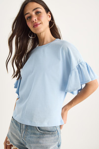 Kolları Fırfırlı Bisiklet Yaka Pamuklu T-Shirt 60602074 - Bebe Mavisi