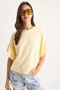 Kolları Fırfırlı Bisiklet Yaka Pamuklu T-Shirt 60602074 - Tereyağ