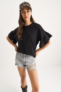 Kolları Fırfırlı Bisiklet Yaka Pamuklu T-Shirt 60602074 - Siyah
